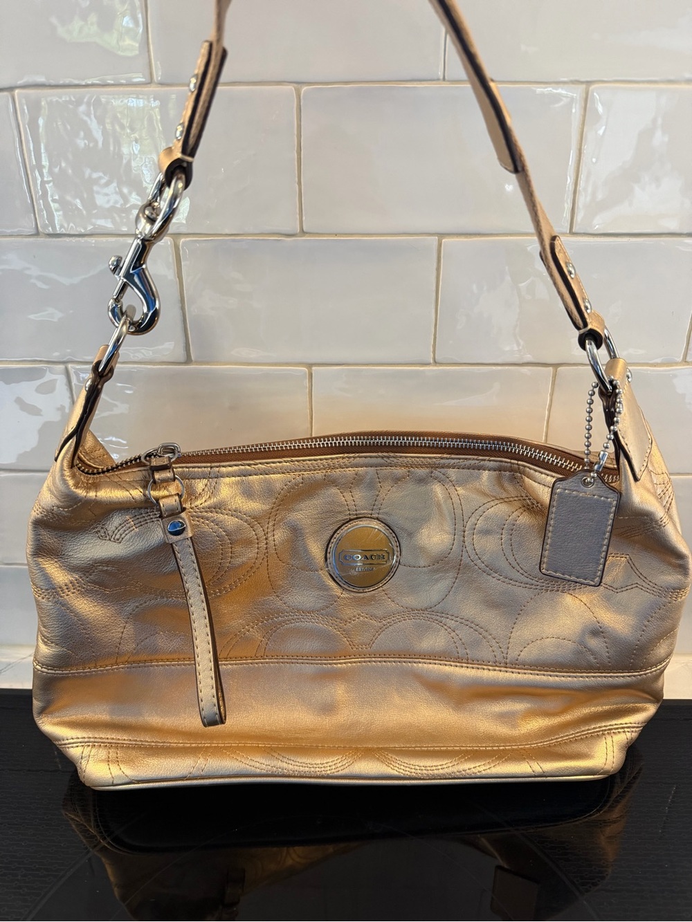 Coach Signature Stitch Metallic Leather Hobo